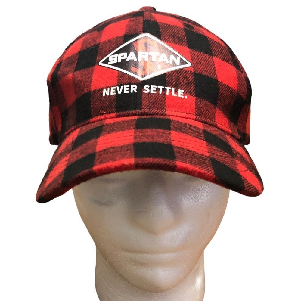 Spartan Never Settle RV Motorhome Hat Cap Red Black Plaid Adjustable Back NWOT